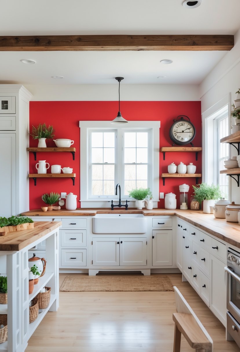 A bright farmhouse kitchen with white cabinets and a fire engine red accent wall.