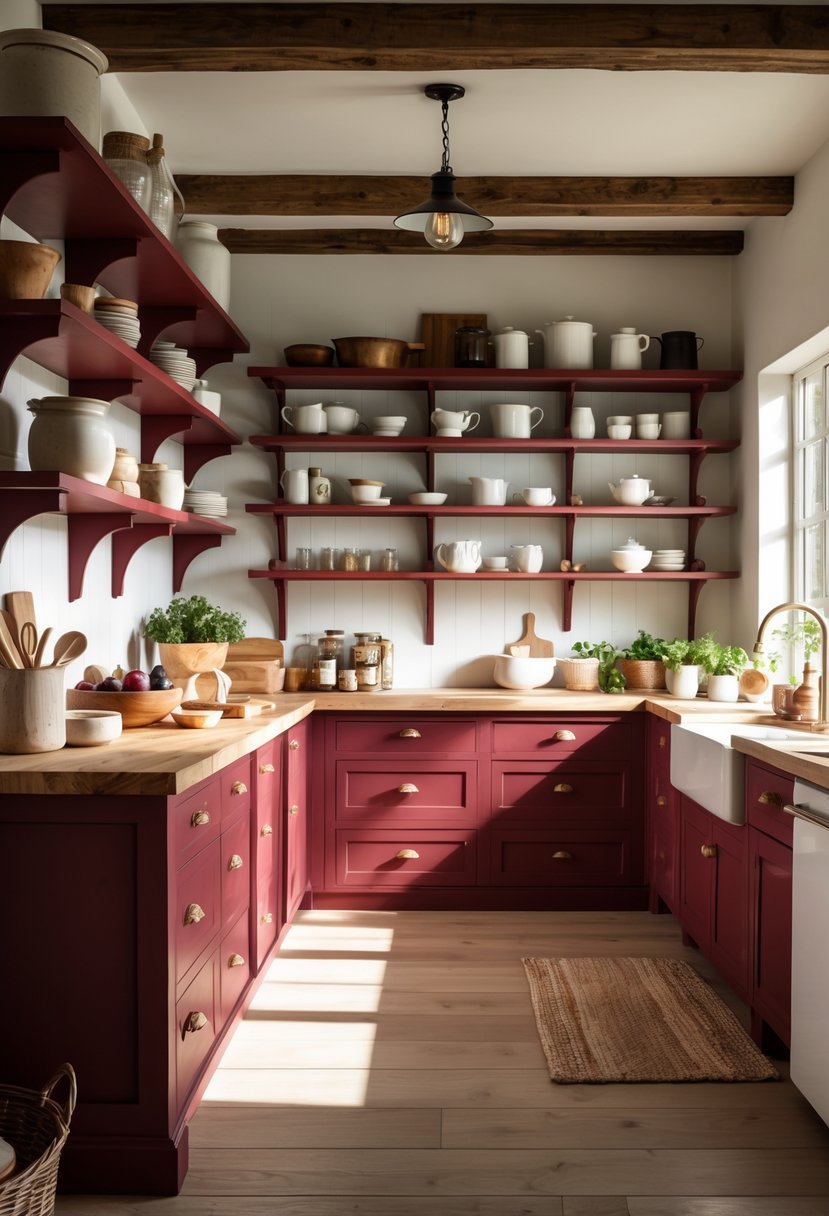 A farmhouse kitchen with burgundy open shelves displaying dishes and kitchen items.