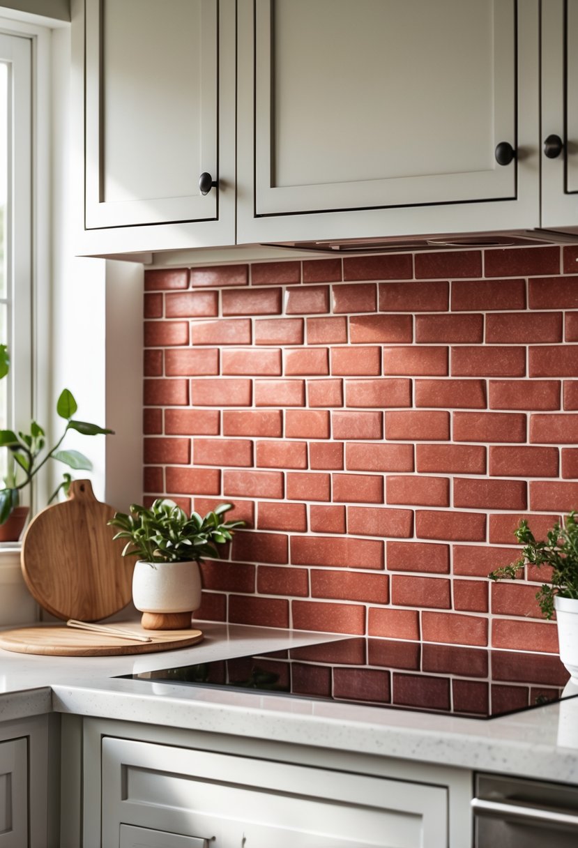 A kitchen with a brick red ceramic tile backsplash, light countertop, and simple kitchen accessories.