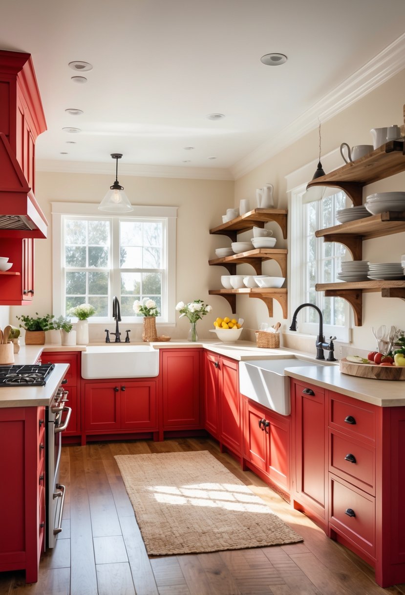 A kitchen with red cabinets and cream countertops, featuring a farmhouse sink and natural light from windows.