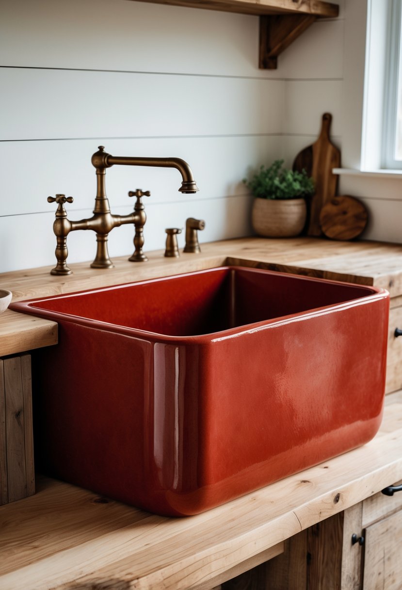 A large red farmhouse kitchen sink with a vintage brass faucet set on a wooden countertop in a bright kitchen.