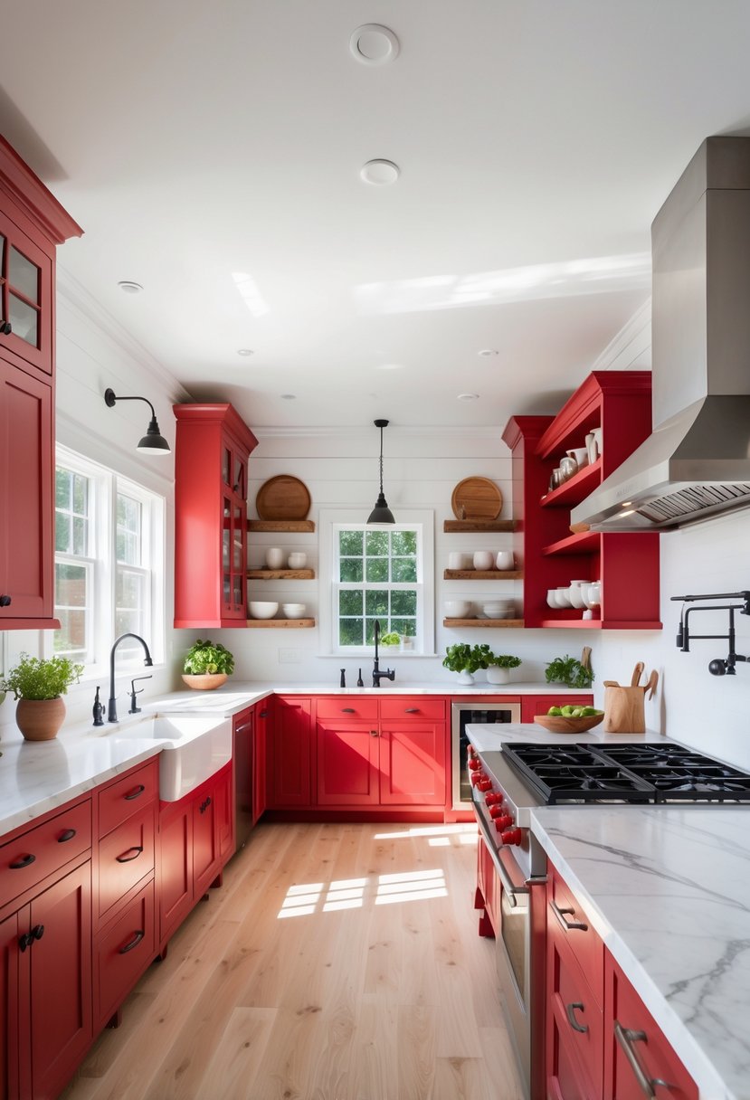 A bright kitchen with cherry red cabinets, a central island, and large windows letting in natural light.
