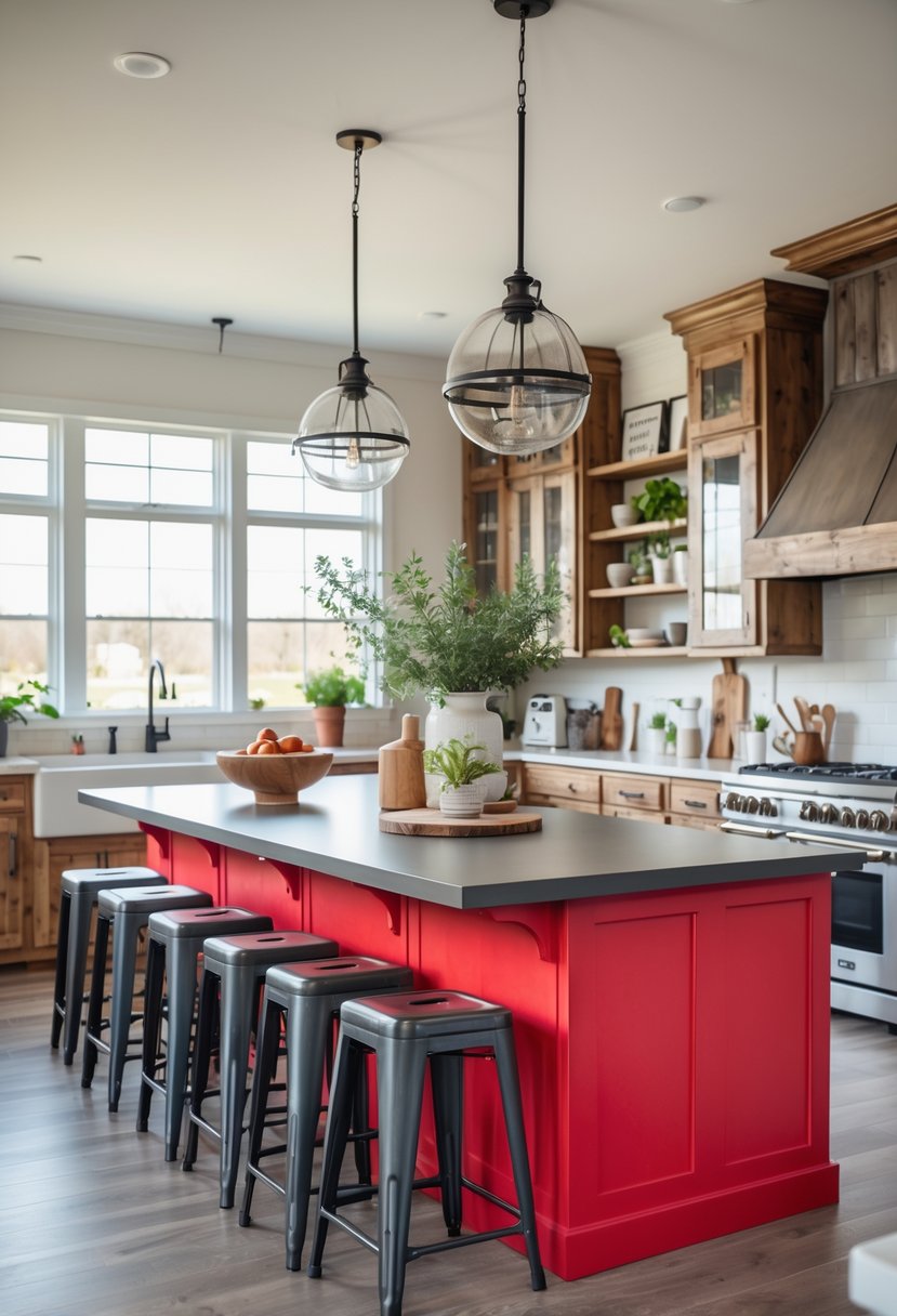 A kitchen with a red island surrounded by metal stools and farmhouse-style cabinets.