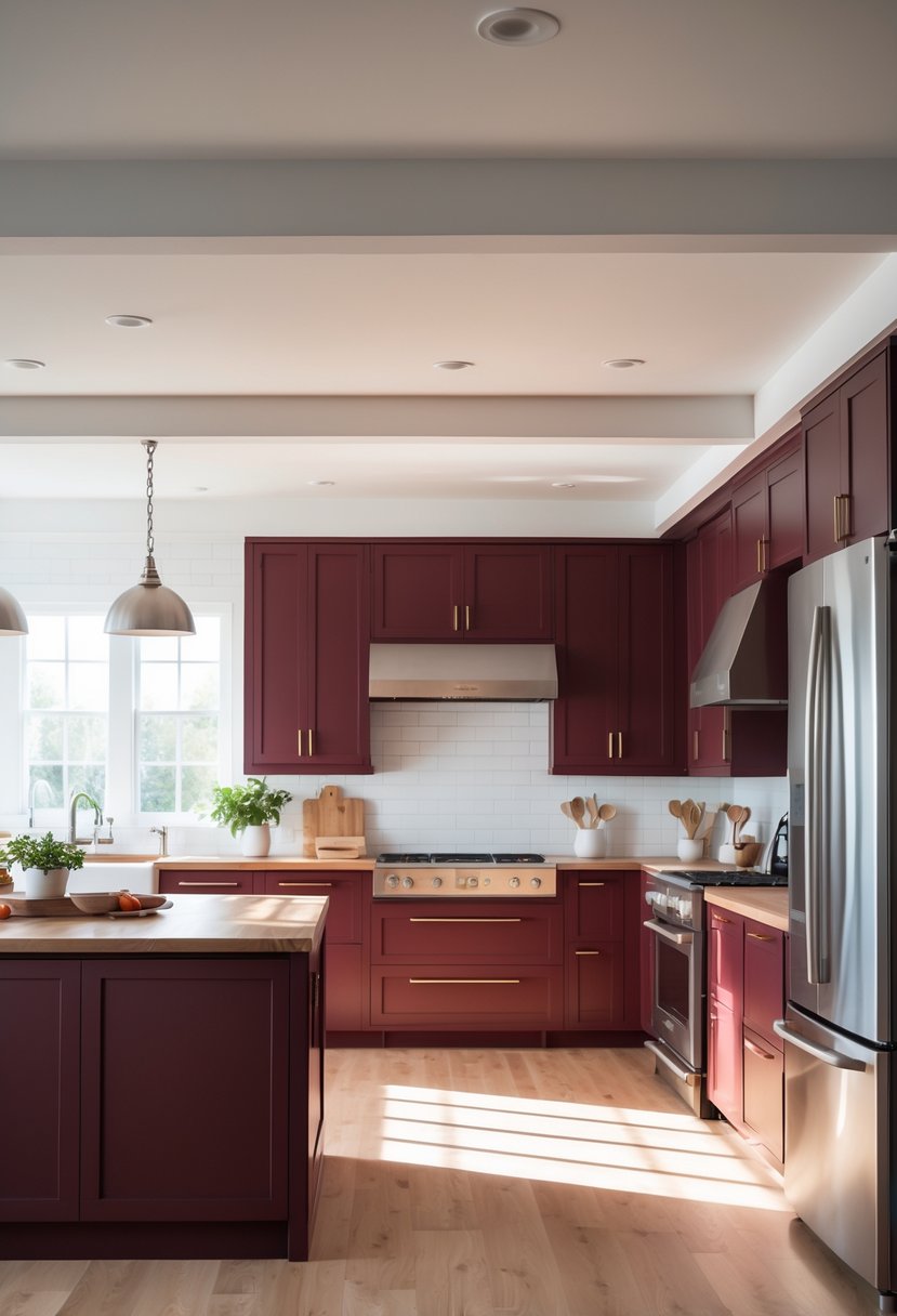A kitchen with dark red cabinets and stainless steel appliances, including a refrigerator and oven, with a central island and wooden floors.
