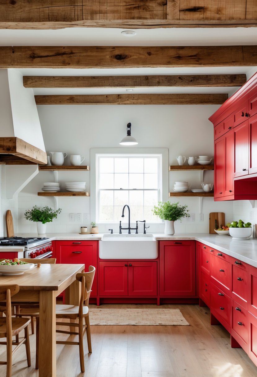 A farmhouse kitchen with red cabinets and exposed wooden beams on the ceiling, featuring a large sink, wooden dining table, and natural light.