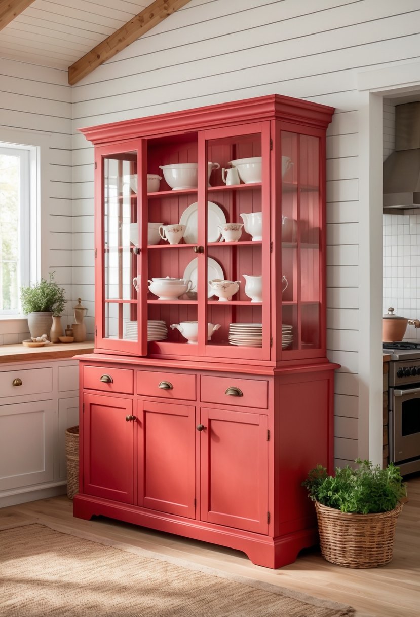 Red painted hutch with glass doors displaying dishes in a farmhouse kitchen.