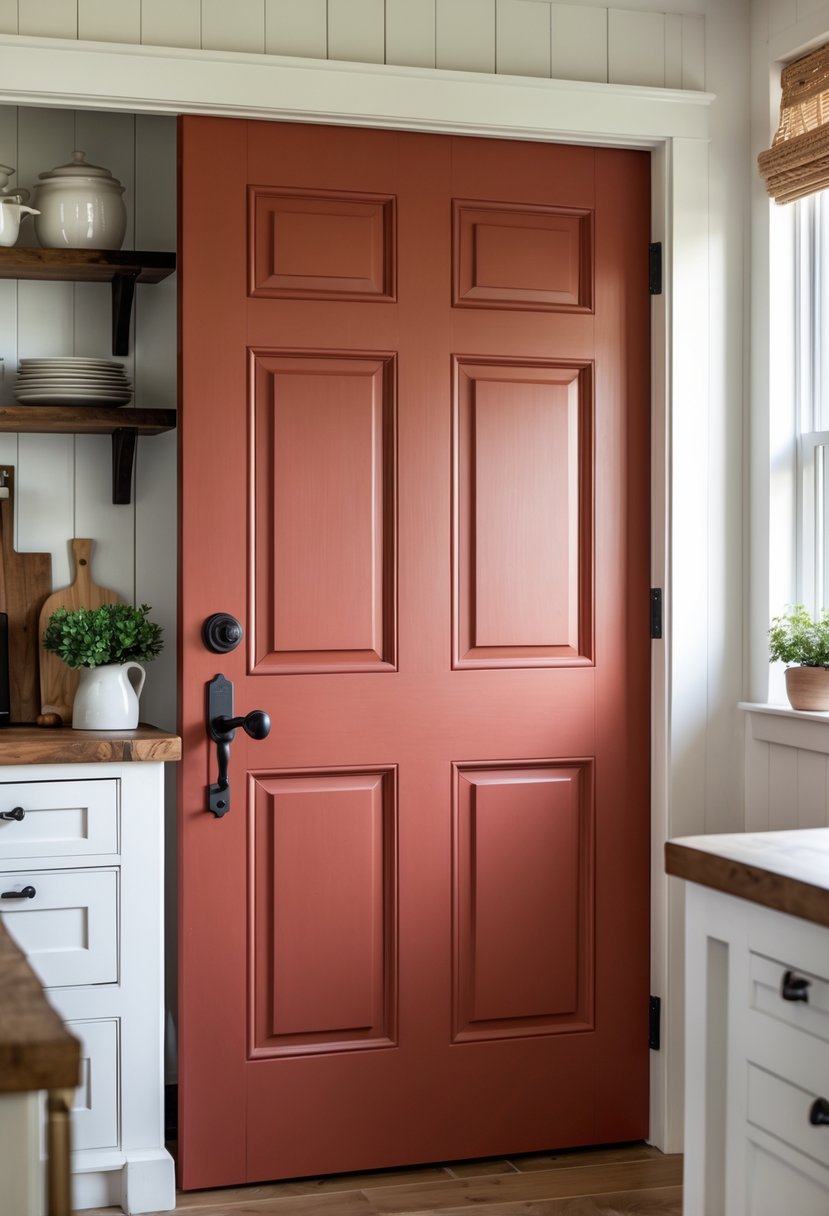 A warm brick red pantry door in a farmhouse kitchen with wooden countertops and open shelves.