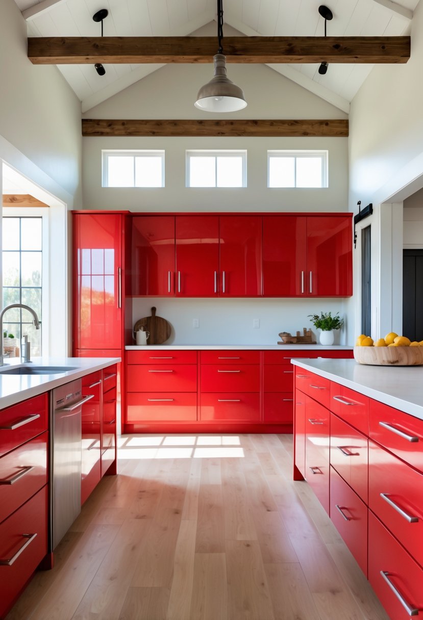 A bright kitchen with glossy red cabinets and minimalist handles, featuring a central island and natural light from large windows.