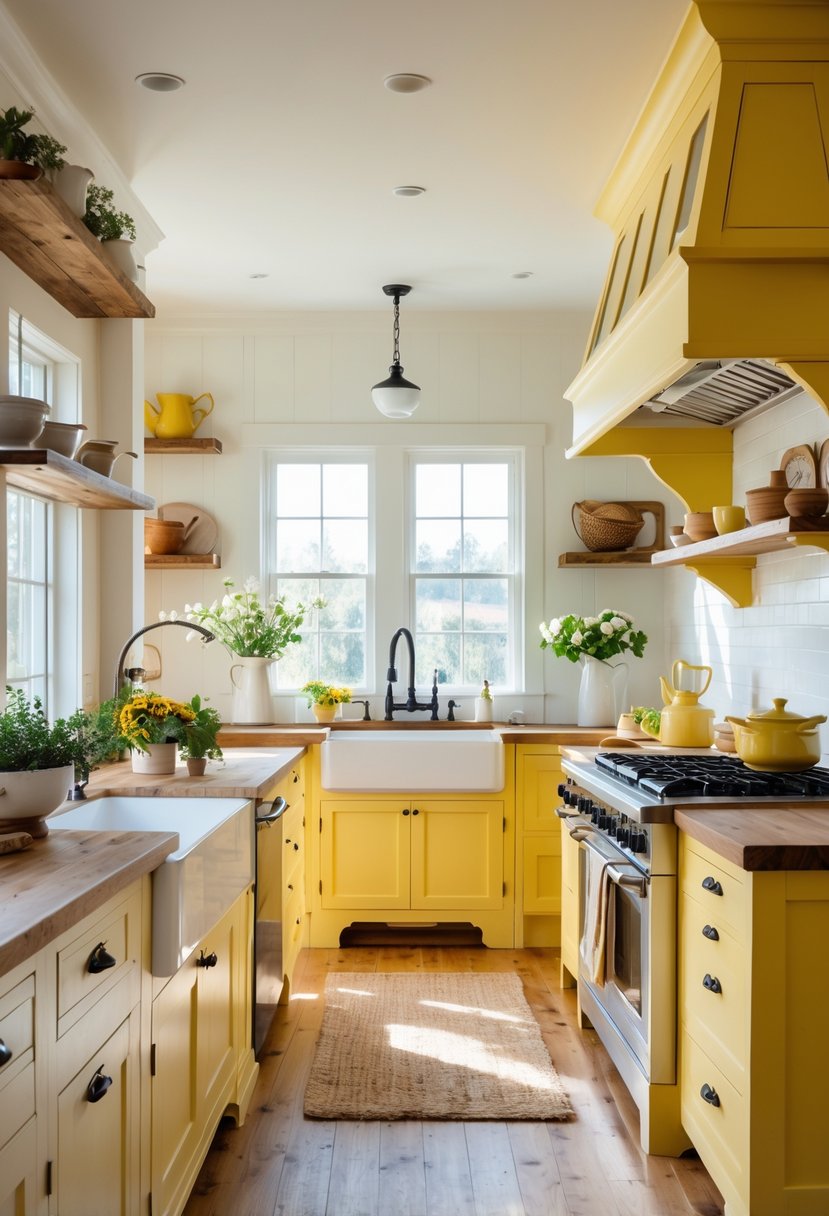 A bright farmhouse kitchen with yellow cabinets, a wooden island, open shelves, and natural light coming through large windows.