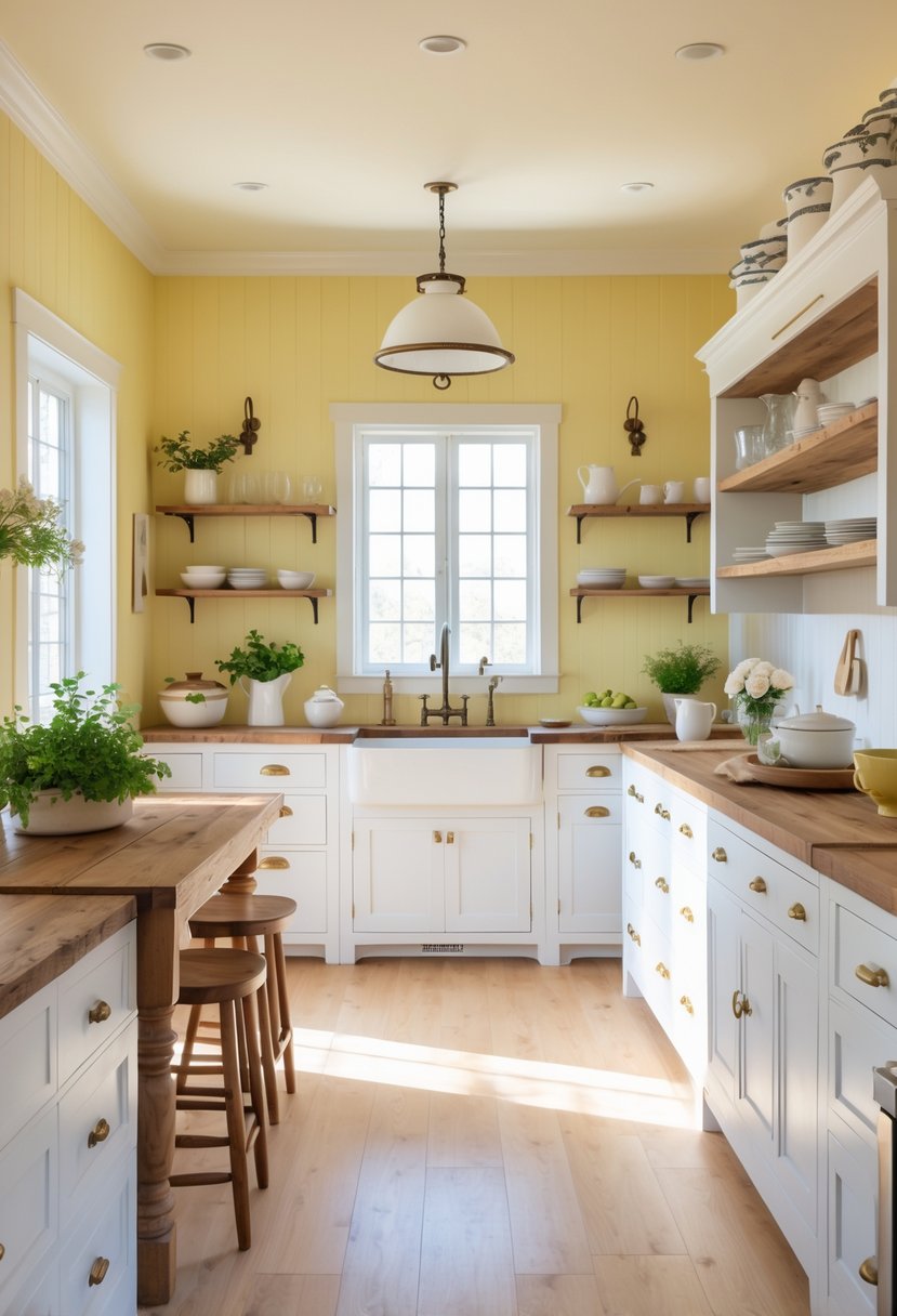 A bright kitchen with butter-yellow walls, white cabinets, wooden countertops, and a farmhouse sink.