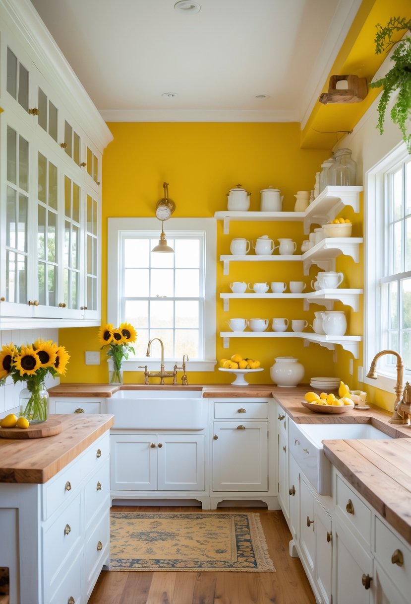 A farmhouse kitchen with sunflower-yellow walls, white cabinets, wooden countertops, and a kitchen island with fresh flowers.
