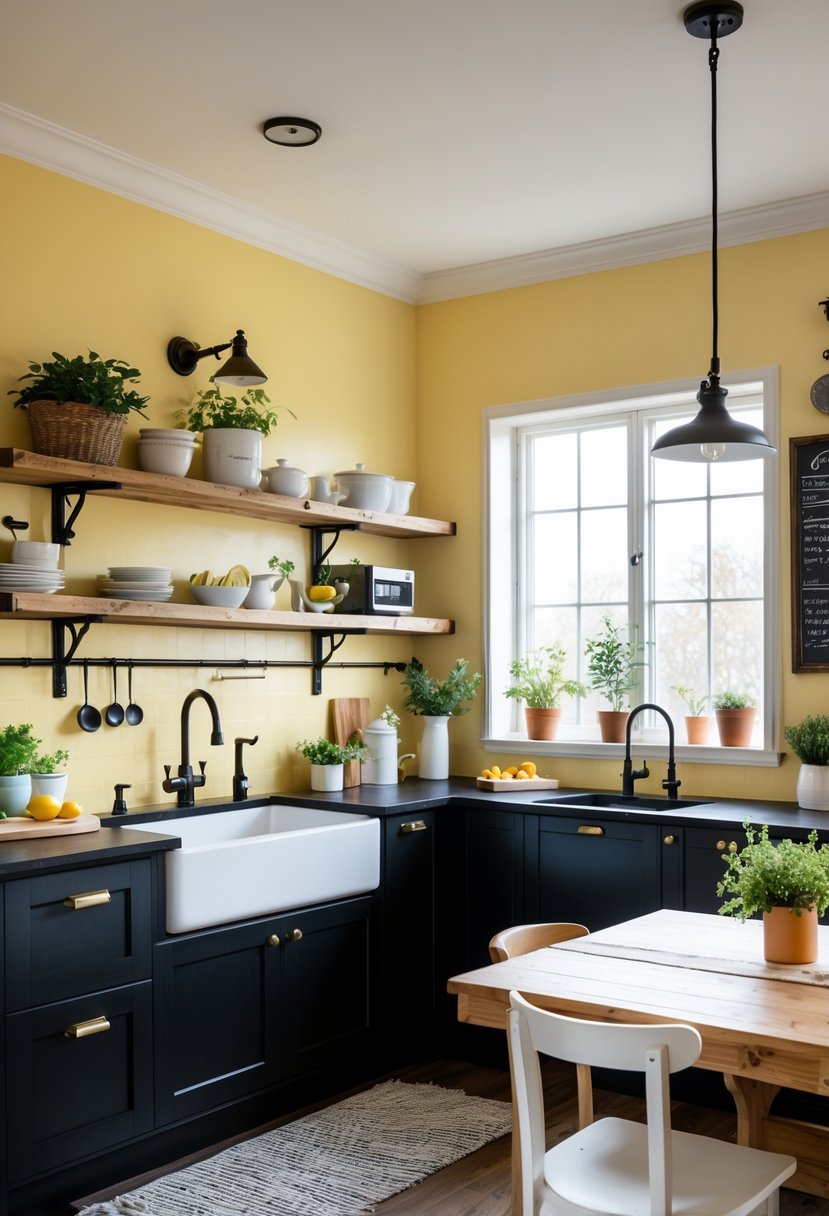 A bright kitchen with yellow walls and black countertops, featuring a farmhouse sink, wooden shelves, and natural light.