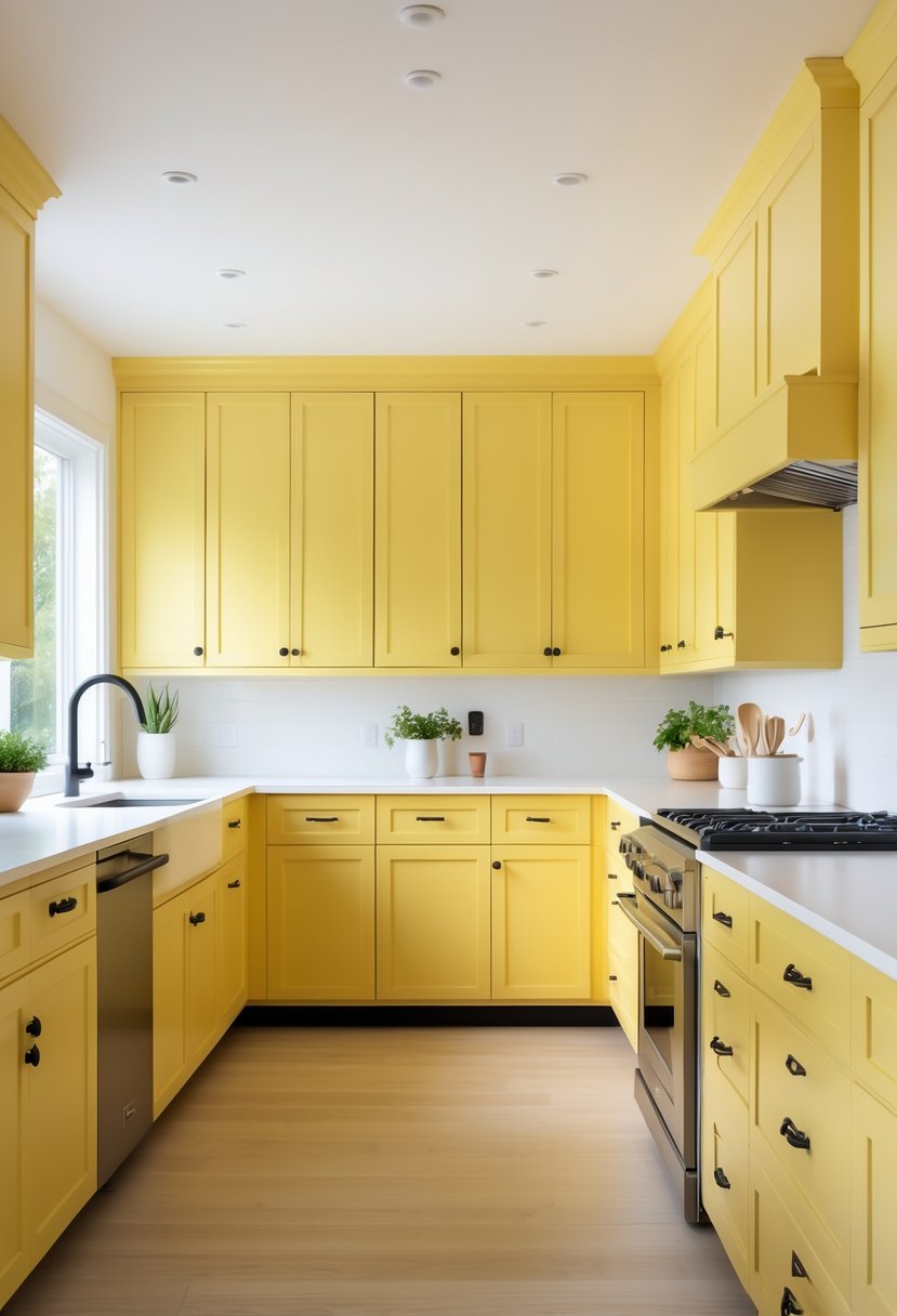 A bright kitchen with yellow cabinets and black handles, featuring clean countertops and natural lighting.