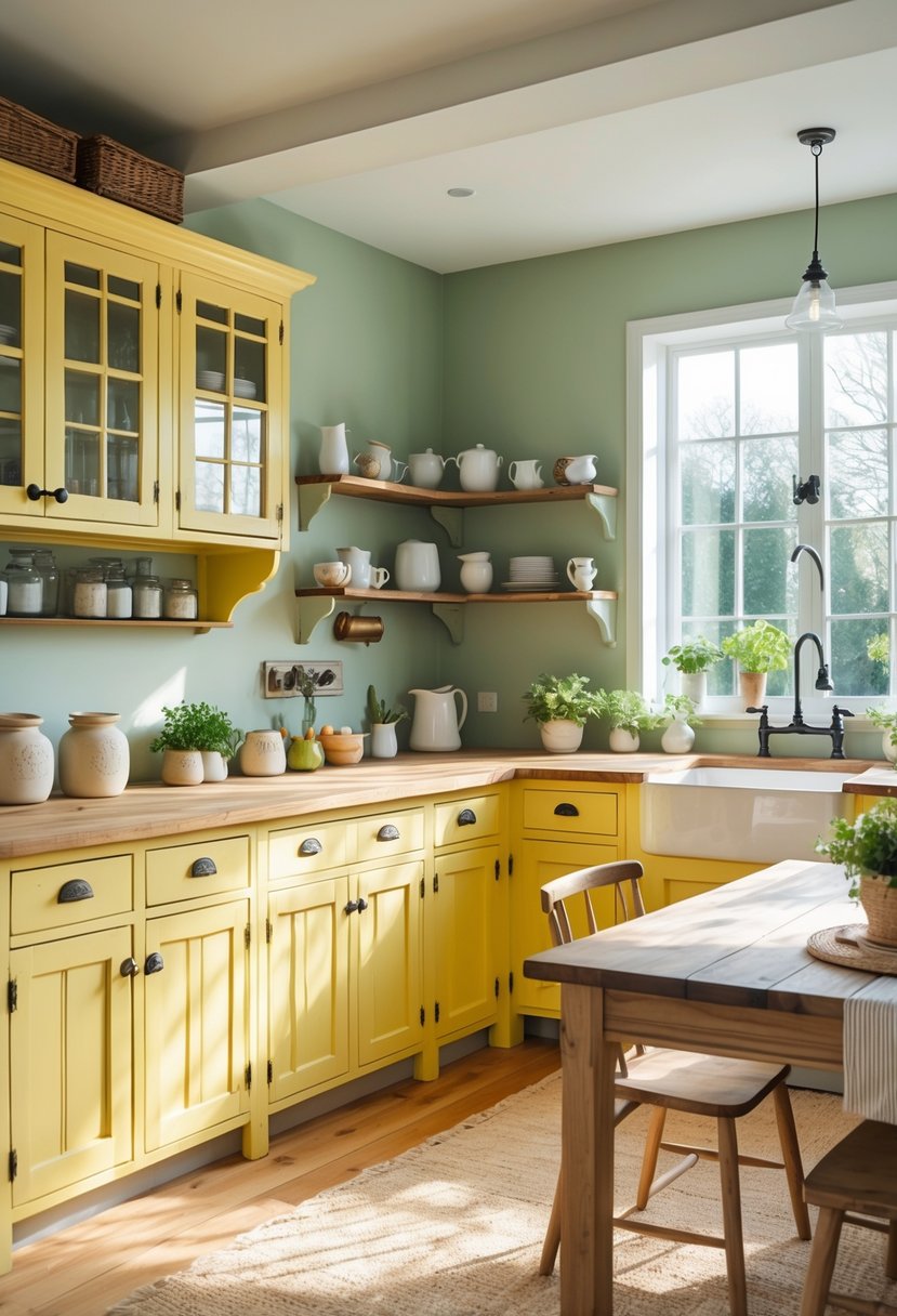 A bright kitchen with yellow cabinets and green walls, featuring a wooden table, open shelves, and natural light.