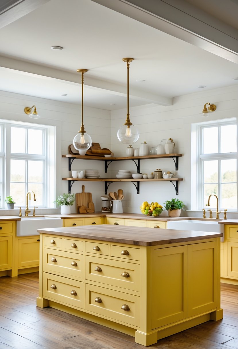 A bright kitchen with a large yellow island featuring brass handles, surrounded by farmhouse-style decor and natural light.