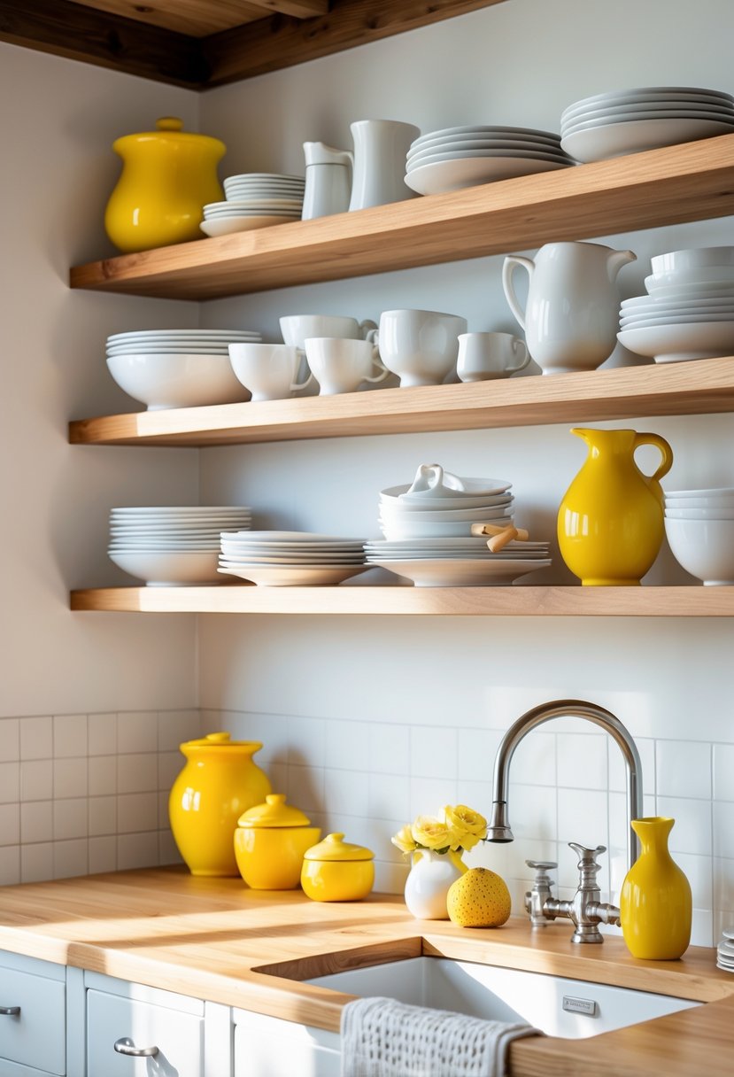 Open kitchen shelves with white dishes and yellow decorative items arranged neatly.