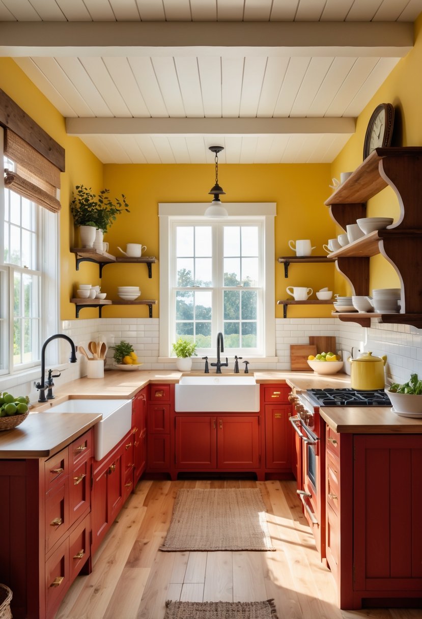 A bright kitchen with yellow walls and red wood cabinets, featuring a farmhouse sink and wooden floors.