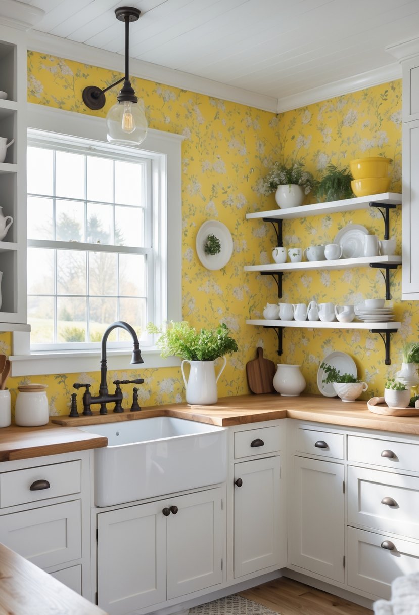A bright farmhouse kitchen with a yellow floral backsplash, white cabinets, wooden countertops, and natural light coming through large windows.