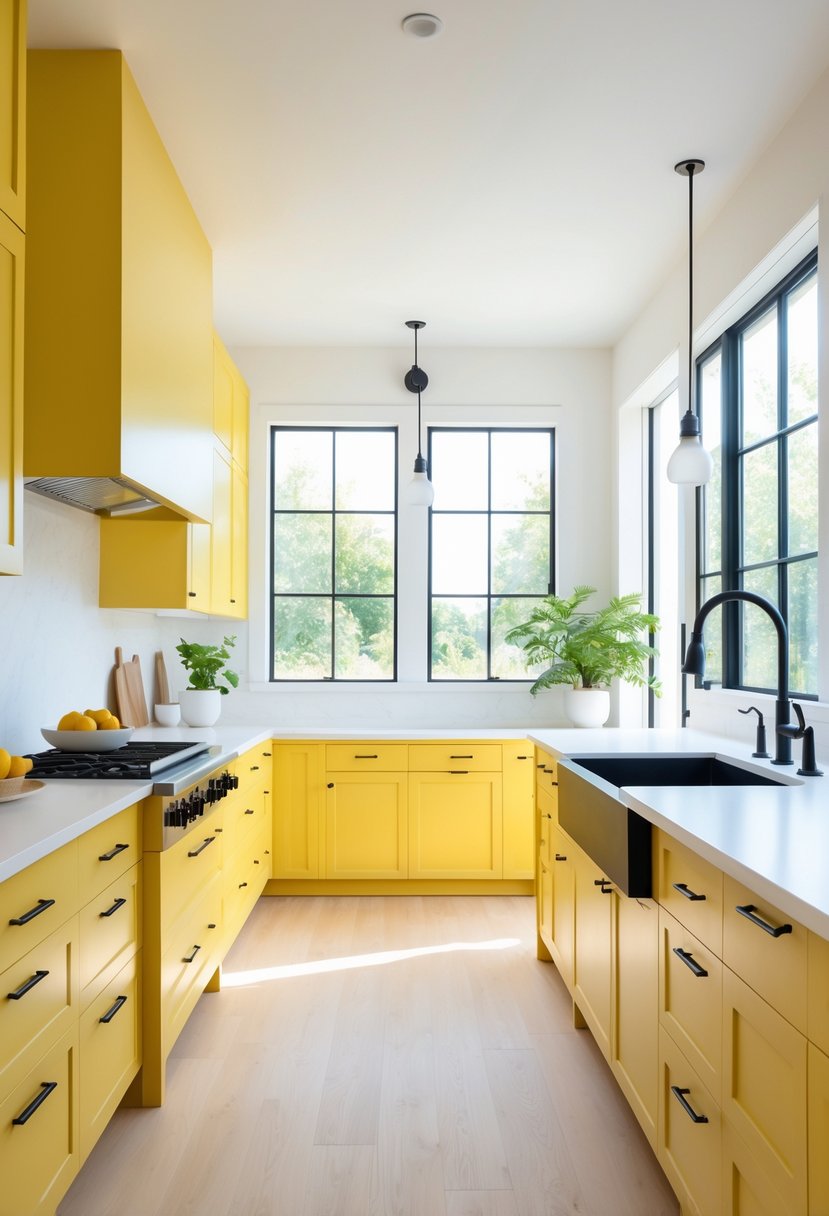 A bright kitchen with yellow cabinets and black fixtures, featuring a central island and natural light coming through windows.