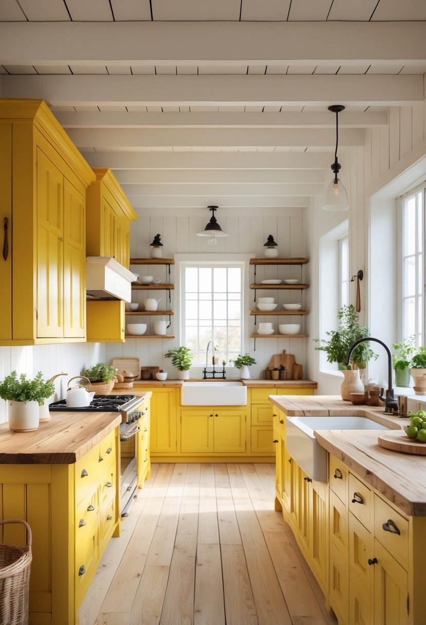 A bright kitchen with yellow cabinets and wooden countertops, featuring a wooden island and natural light coming through large windows.