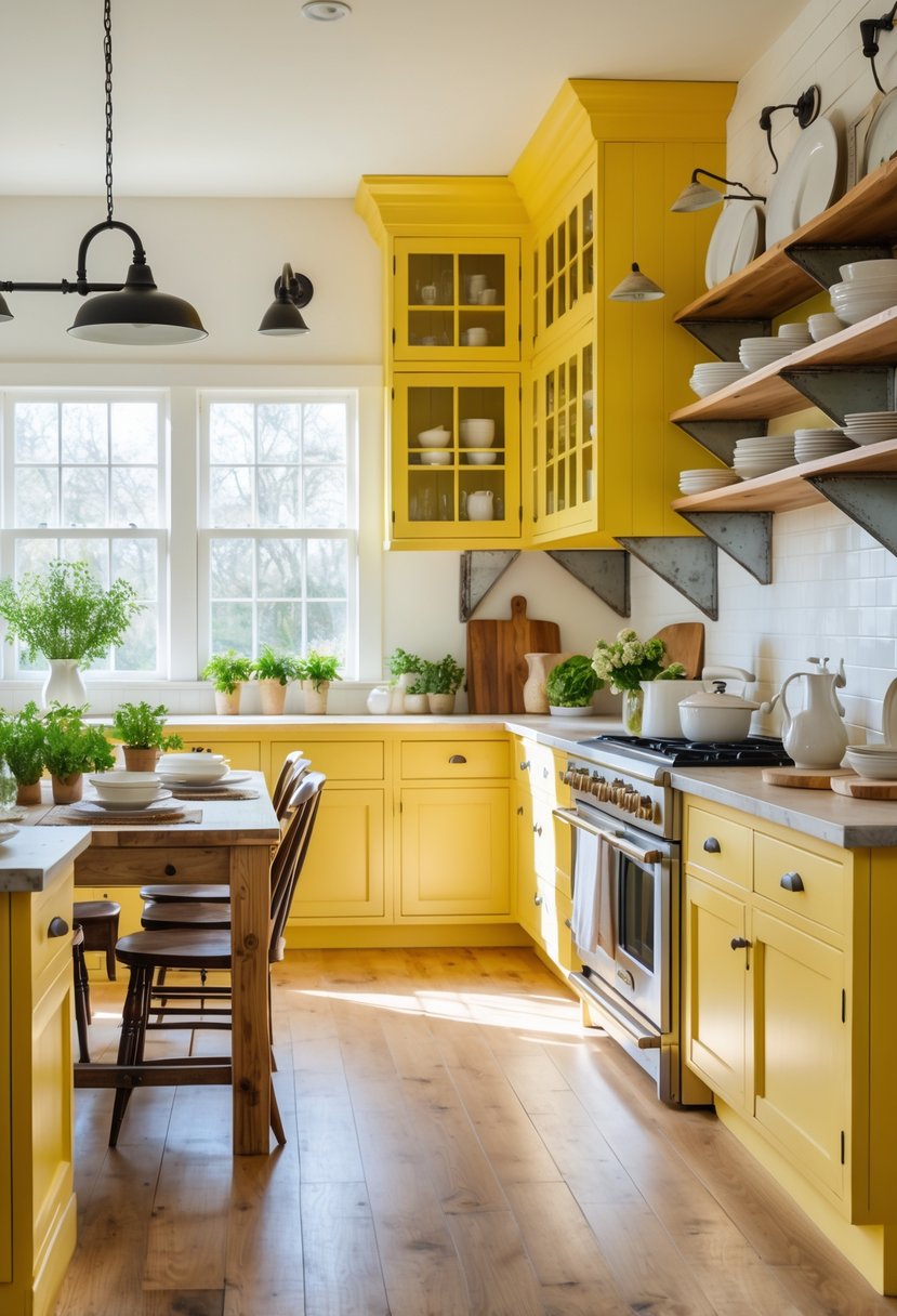 A spacious kitchen with yellow cabinets, wooden dining table, and metal accents, well-lit by natural light.