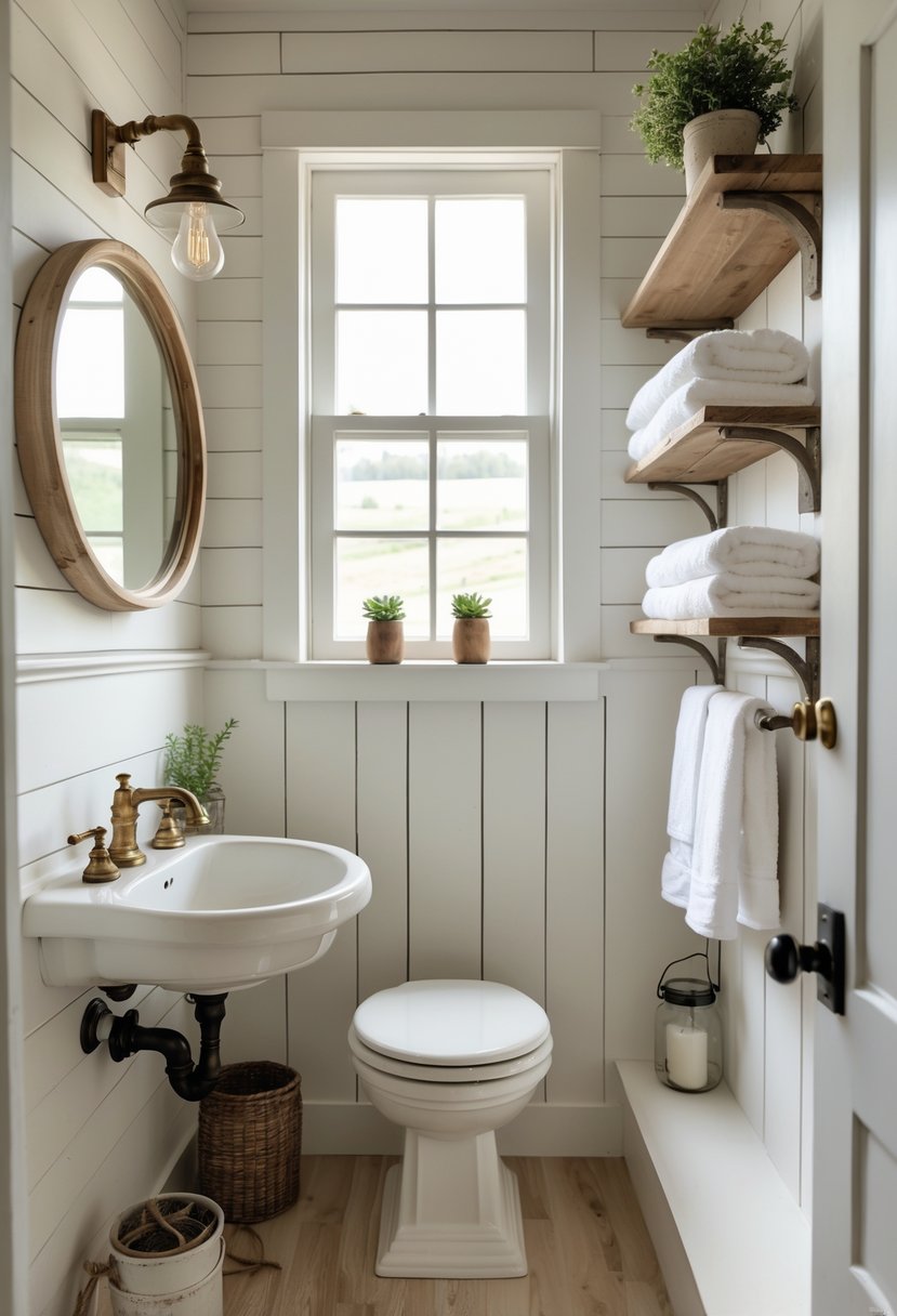 Small bathroom with white shiplap walls, a sink with brass fixtures, a round wooden-framed mirror, open shelves with towels and plants, and natural light coming through a window.