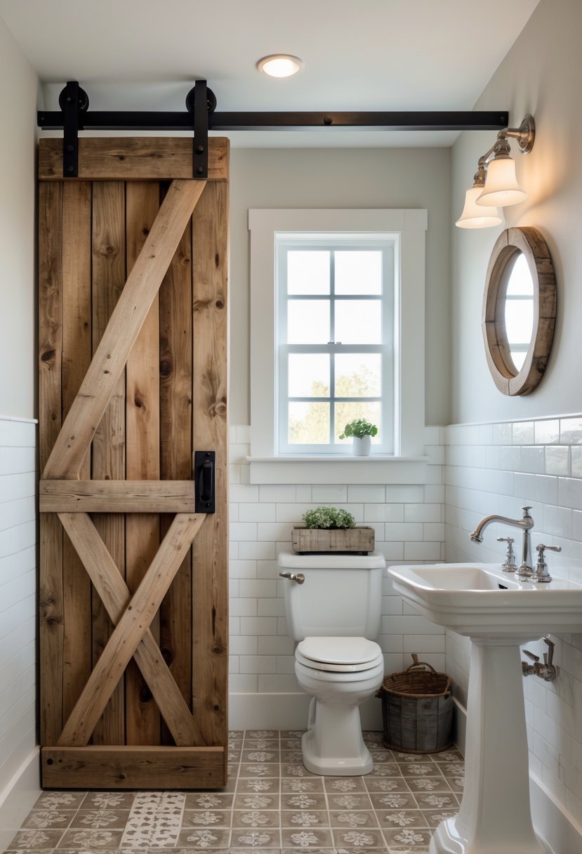 Small farmhouse bathroom with a reclaimed barn door used as a sliding entry, featuring a white sink, round mirror, and rustic wood accents.