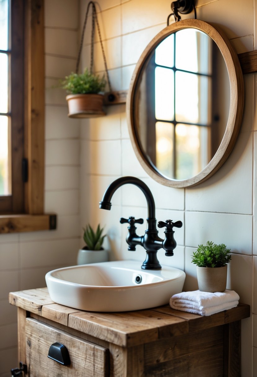 A small farmhouse bathroom with a black vintage faucet mounted on a wooden vanity with a white sink, a round mirror above, and simple decor.