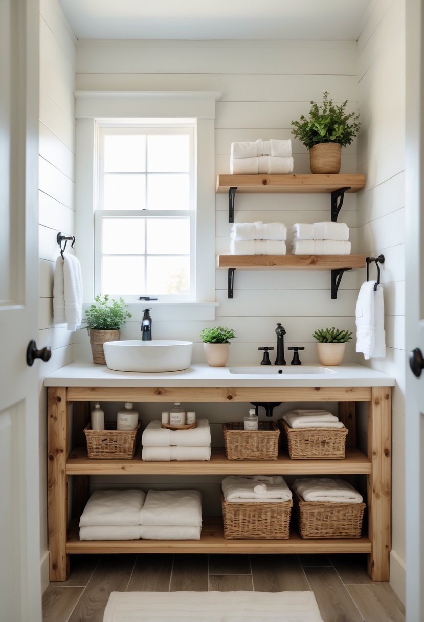 A wooden vanity with open shelves holding towels and plants in a small bathroom.