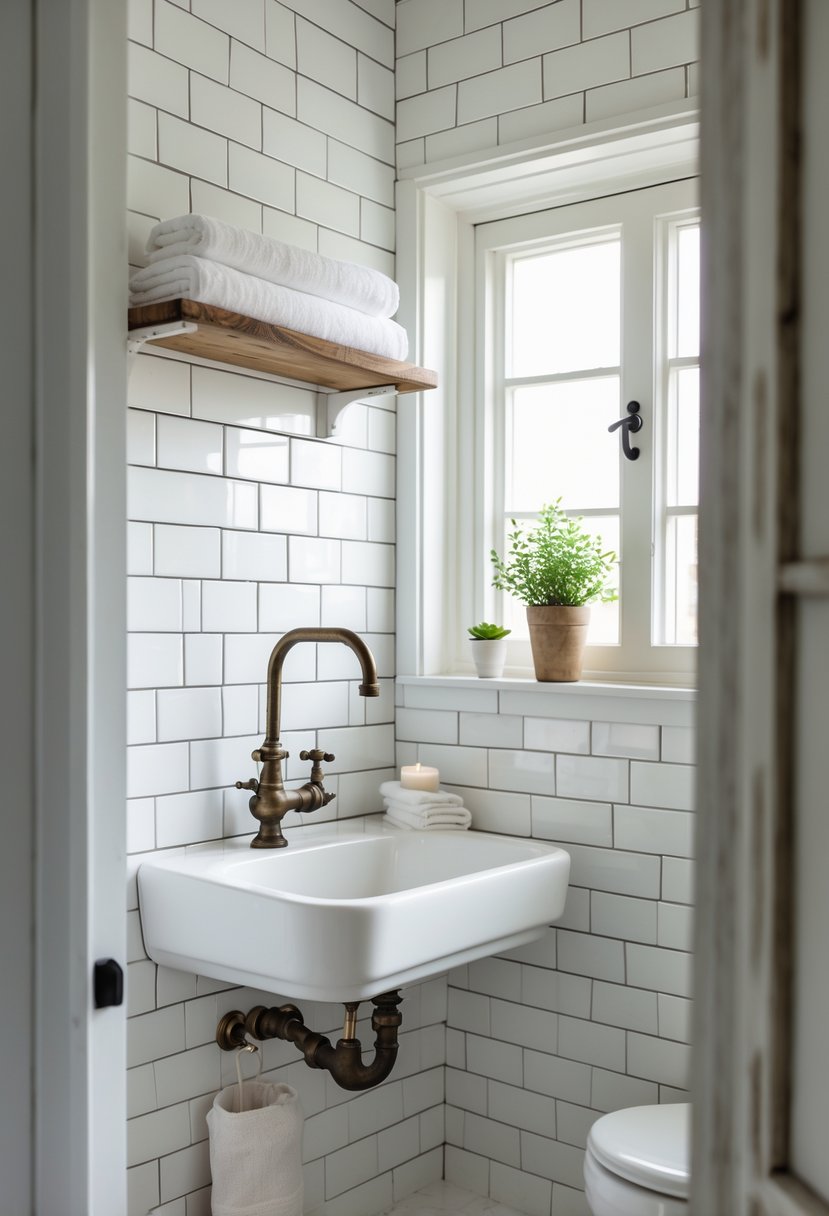 A small bathroom with white subway tile backsplash, a sink with a faucet, and a wooden shelf with towels and a plant.