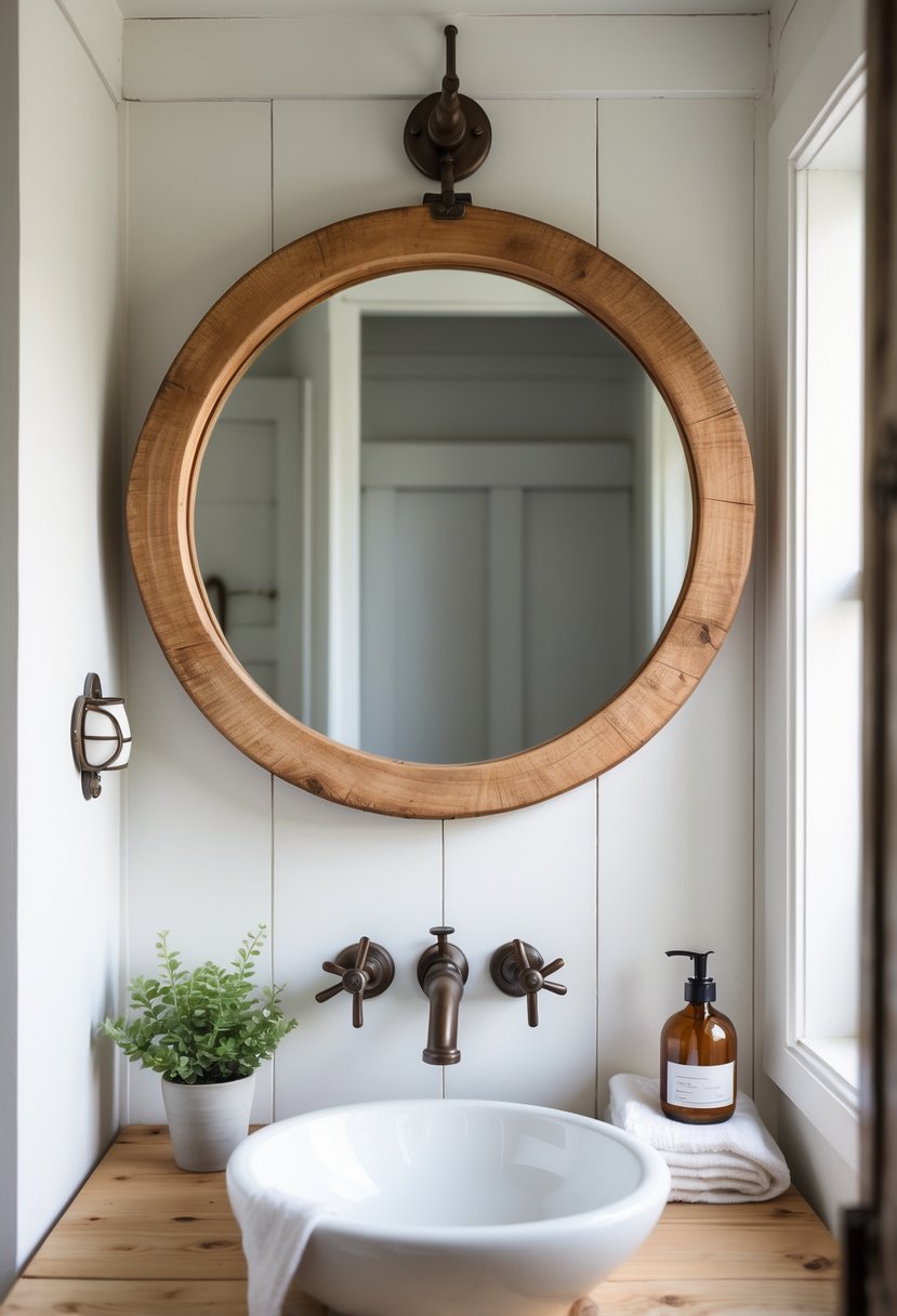 Small bathroom with a round wood-framed mirror above a white sink and farmhouse decor.