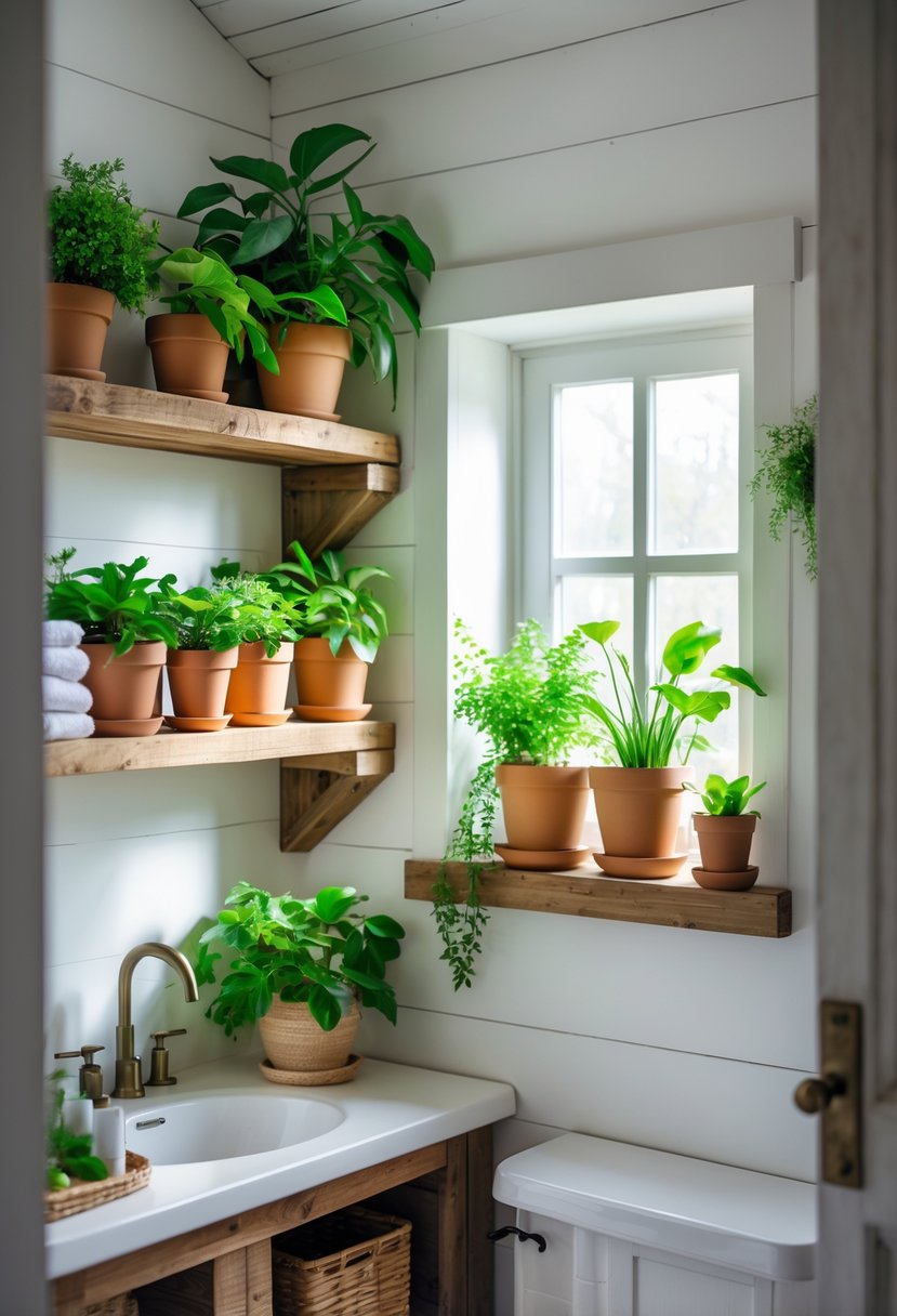Small farmhouse bathroom with fresh potted plants on shelves and windowsill, illuminated by natural light.