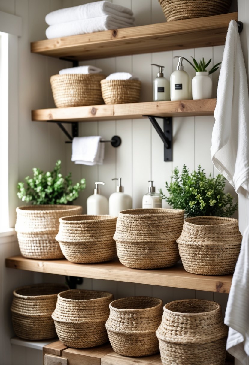 A collection of small woven baskets arranged for storage in a farmhouse bathroom with shelves, towels, and plants.