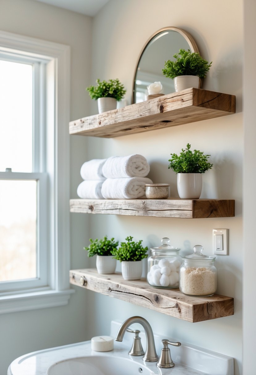 Small bathroom with distressed wood floating shelves holding towels, plants, and bathroom items above a white sink.