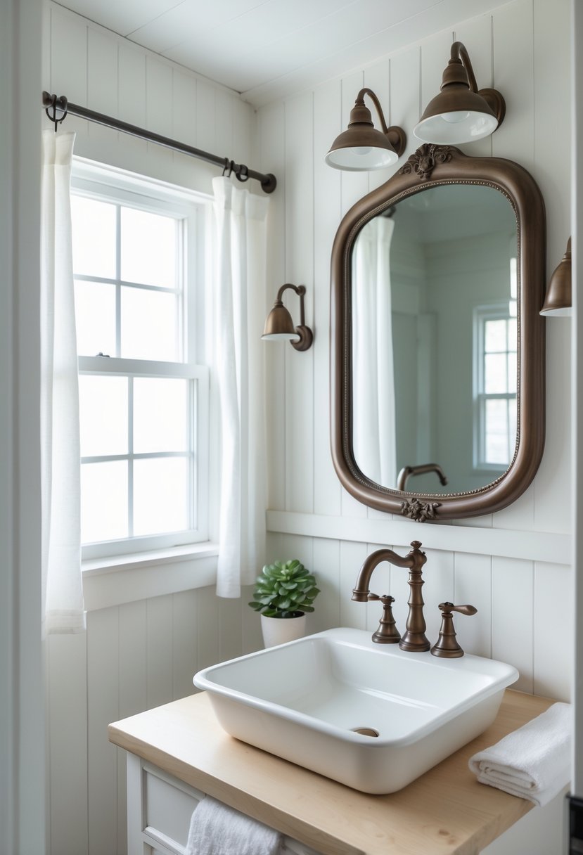 Small farmhouse bathroom with oil-rubbed bronze fixtures including faucet, towel hooks, and mirror frame, featuring a white sink and natural light from a window.