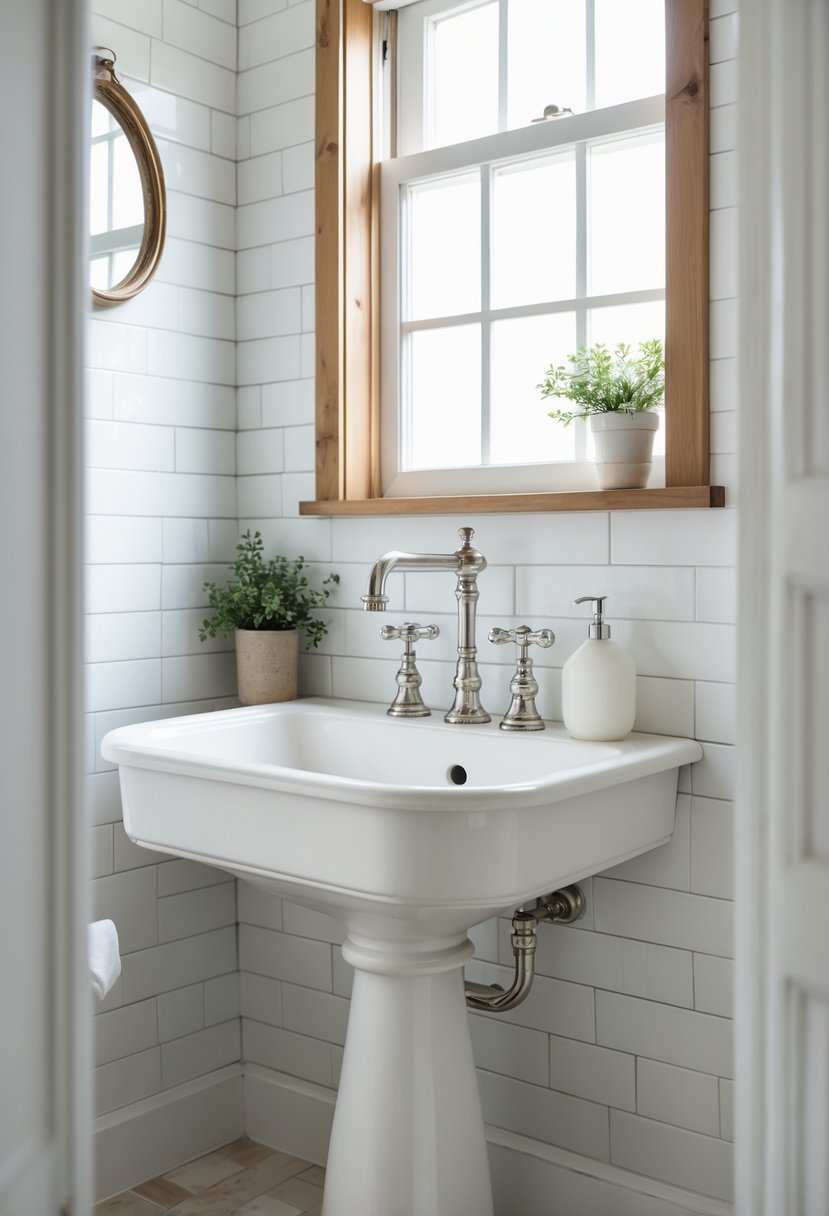 Small bathroom with a white pedestal sink, a wooden-framed mirror, and natural light coming through a window.
