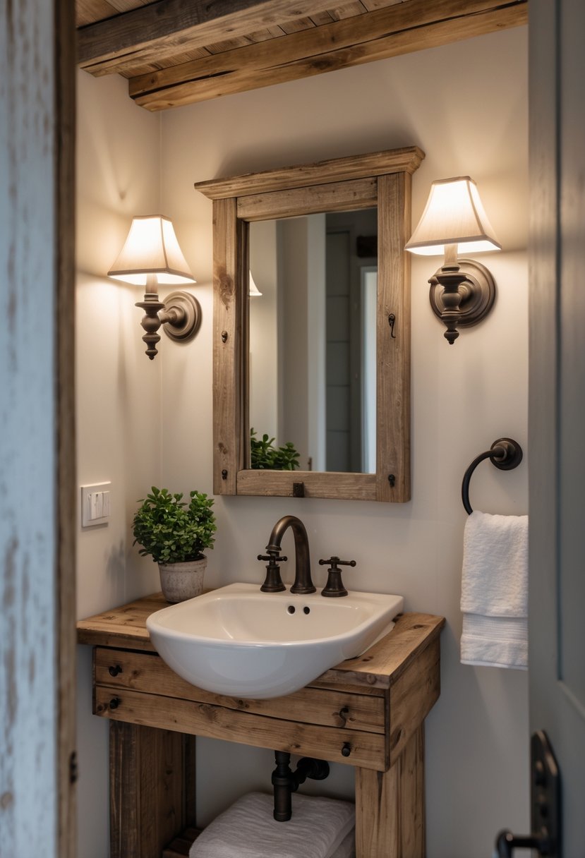 A small bathroom with wall sconces, a sink, a mirror, and decorative elements.