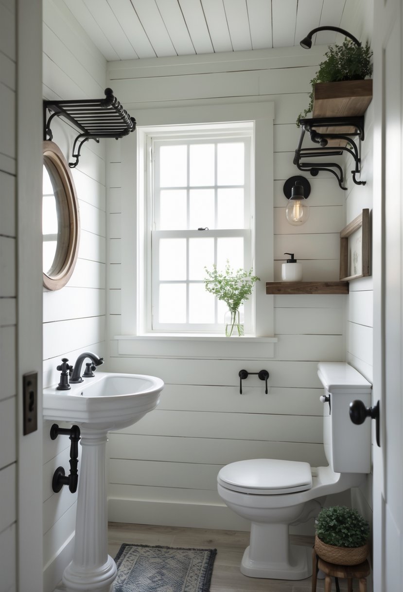 A small bathroom with wrought iron towel racks mounted on the wall, a white pedestal sink, a round mirror, and natural light coming through a window.