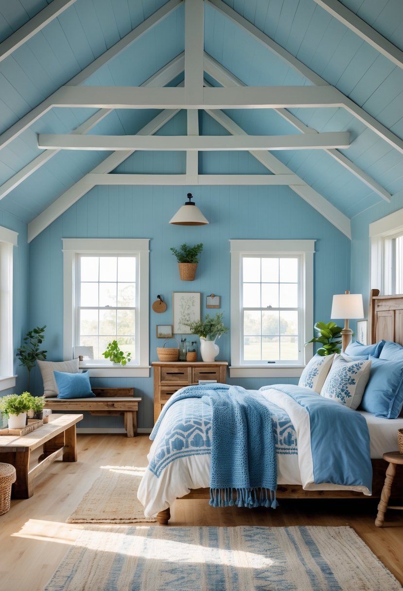 A spacious bedroom with blue walls, a large bed with blue and white bedding, wooden furniture, and natural light coming through windows.