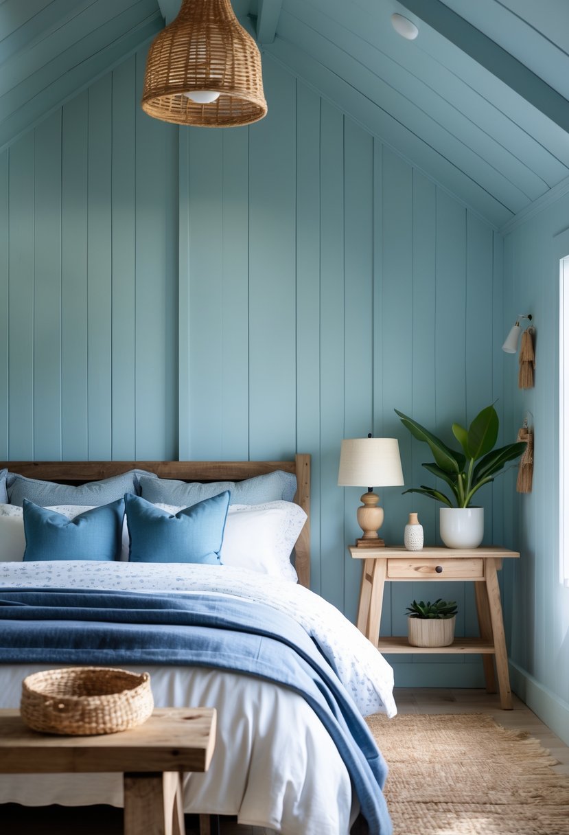 A cozy bedroom with light blue paneled walls, a bed with white and blue bedding, wooden furniture, and natural light.