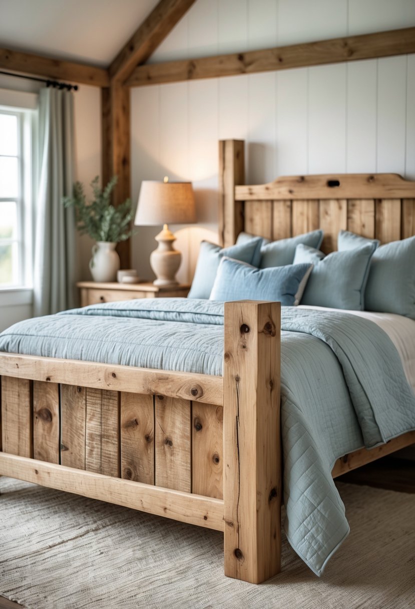 A wooden bed with blue bedding in a bedroom with natural light and simple decor.