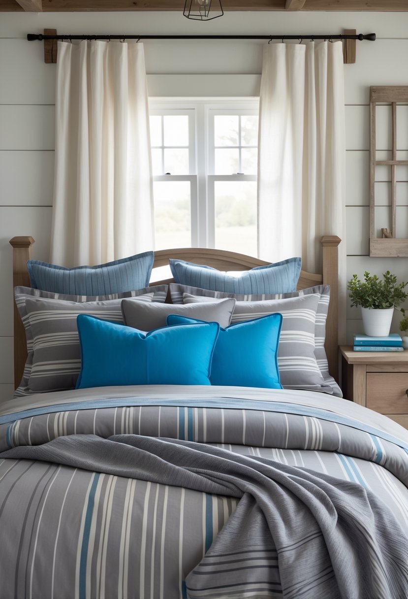 A bedroom with a bed made with gray striped bedding and multiple blue pillows, wooden furniture, and a window letting in natural light.