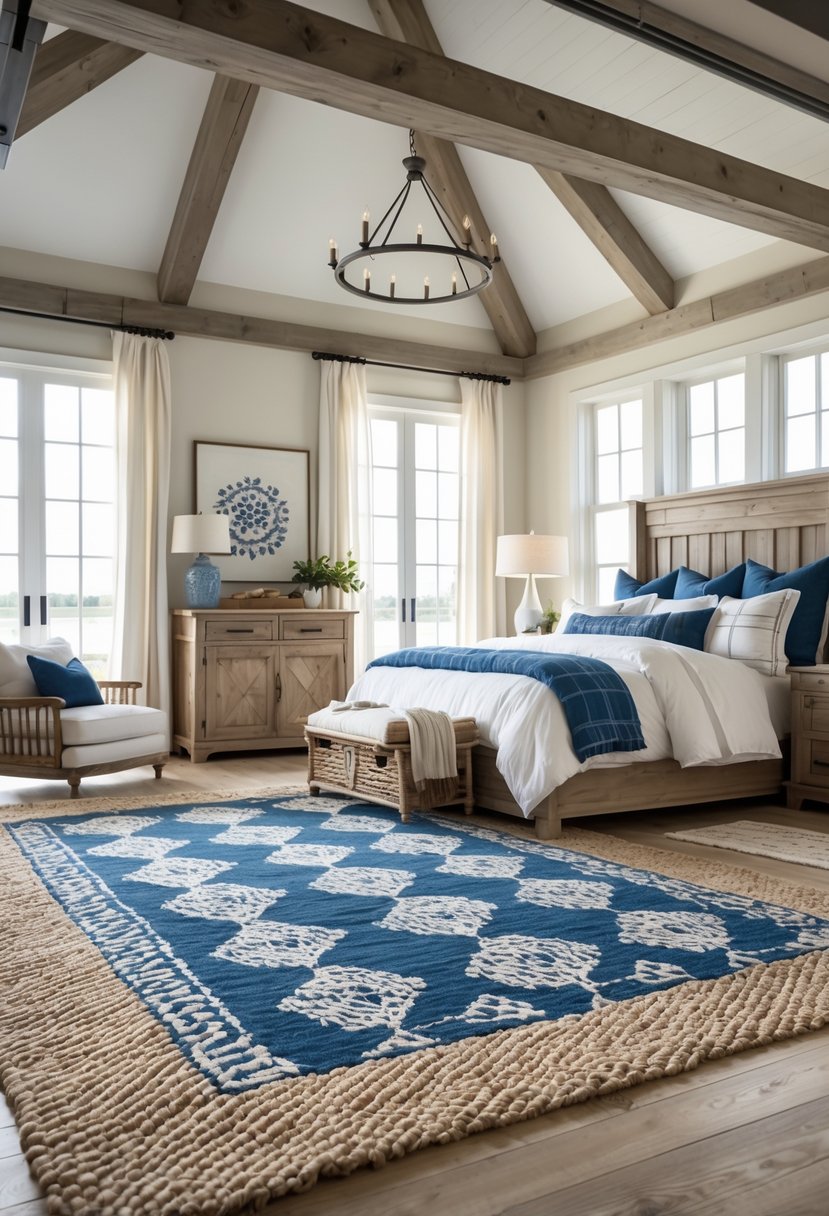 A bedroom with a large woven jute rug with blue accents on the floor, a bed with white and blue bedding, wooden furniture, and natural light coming through windows.
