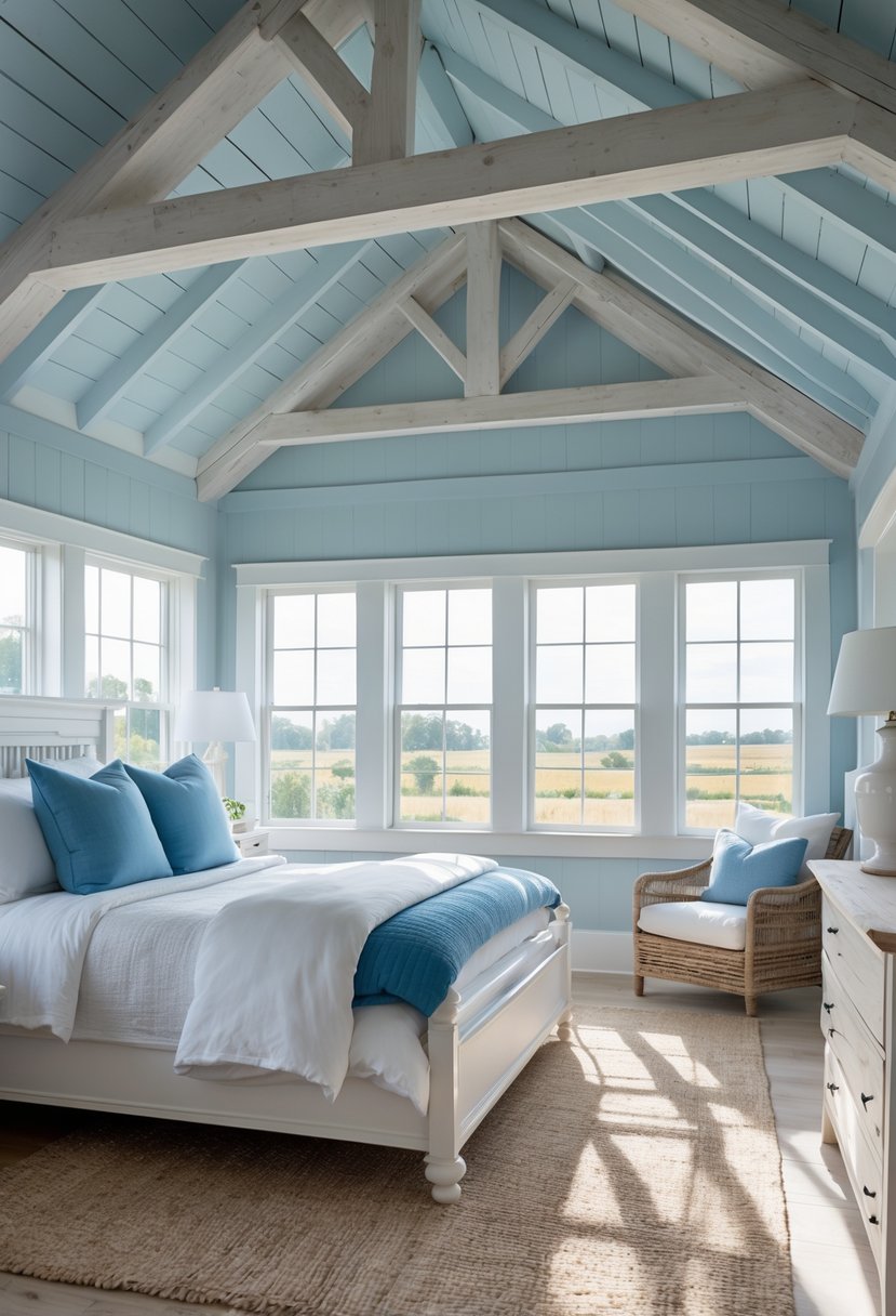 A bedroom with whitewashed ceiling beams, blue walls, a neatly made bed, and natural light coming through windows.
