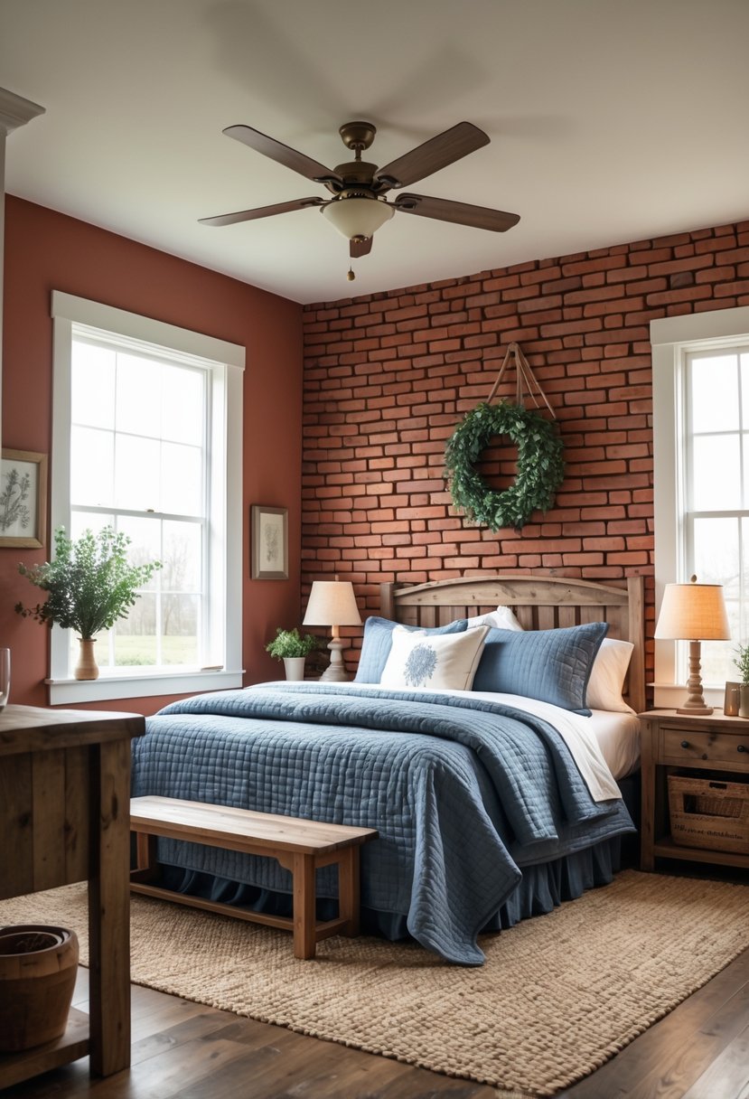 A bedroom with an exposed brick wall, a bed with blue bedding, wooden furniture, and natural light coming through a window.