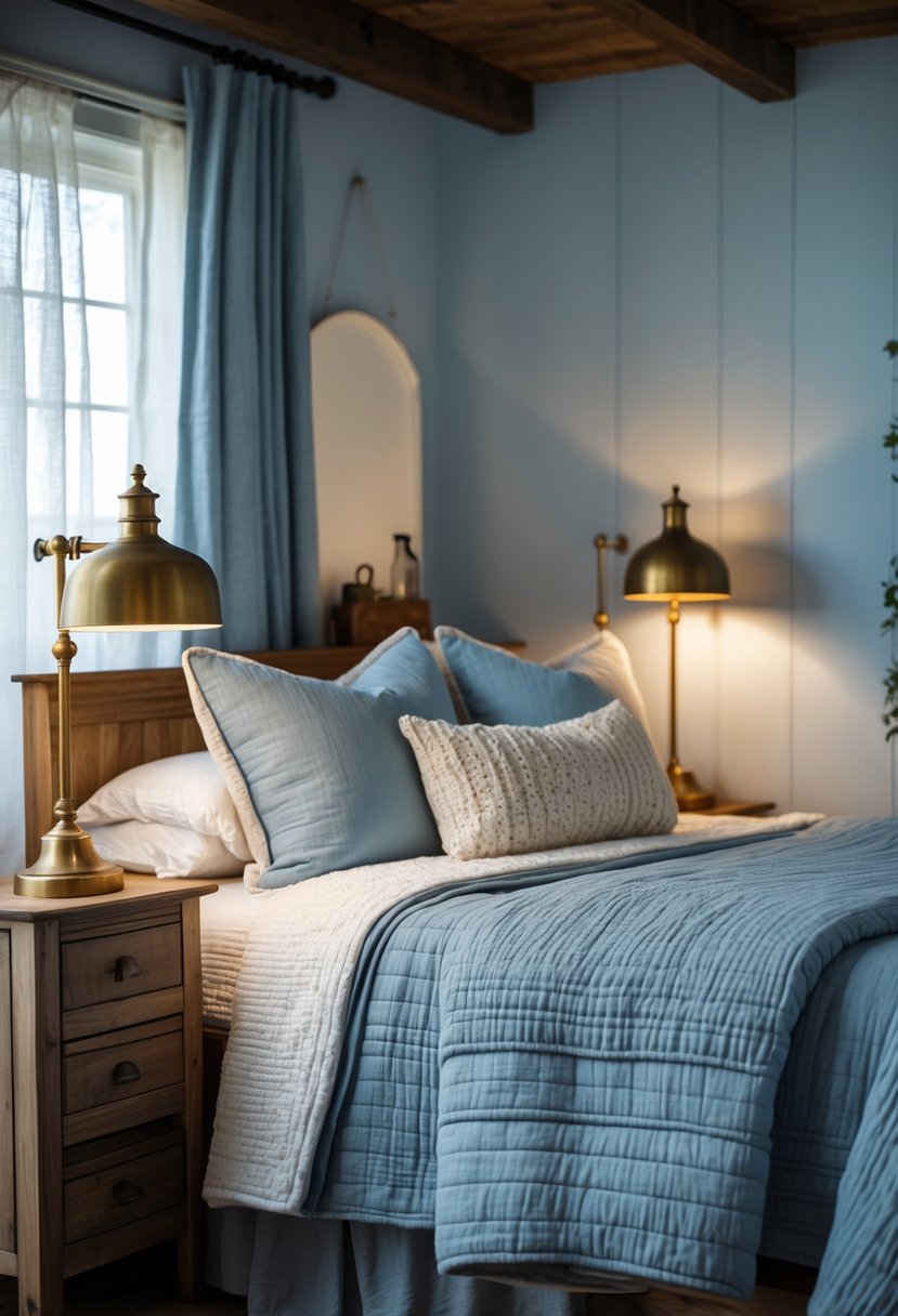 A bedroom with two brass bedside lamps glowing softly on wooden nightstands next to a bed with blue bedding.