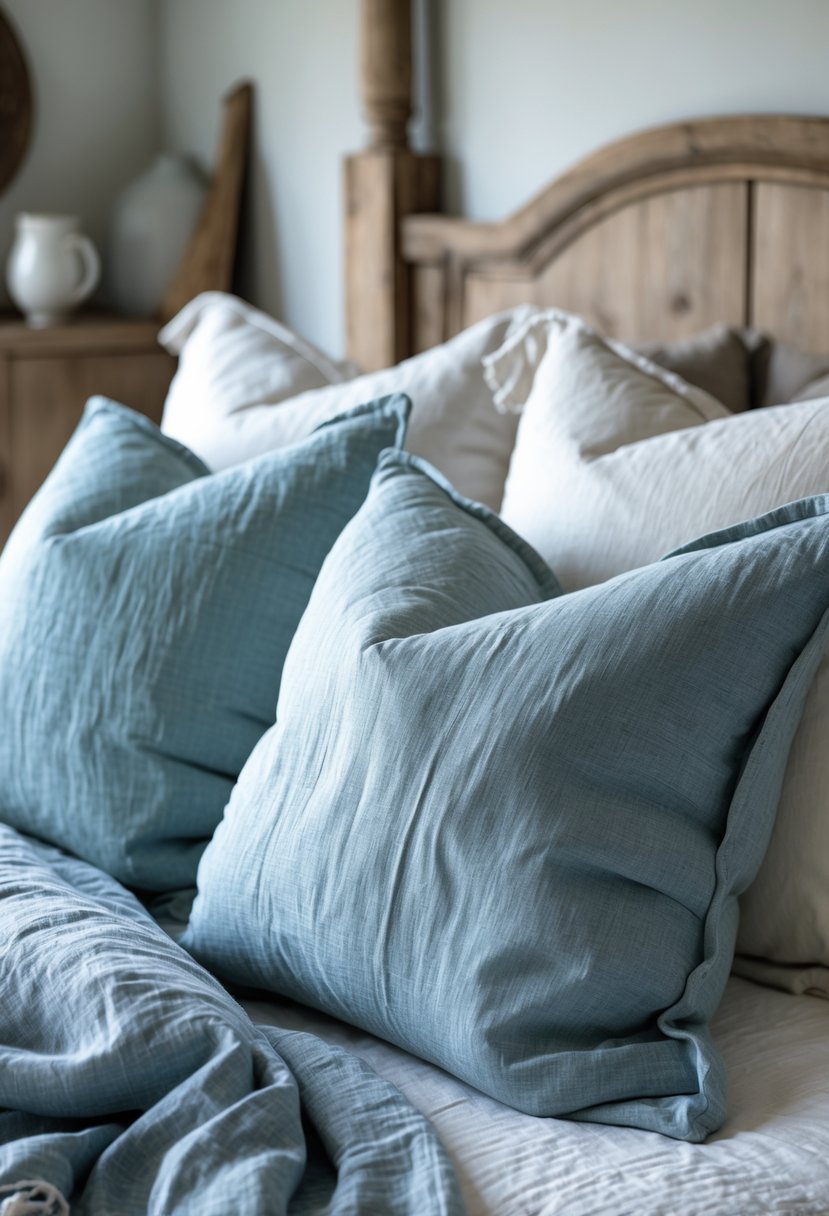 A bedroom with a bed decorated with muted blue linen throw pillows and rustic wooden furniture.