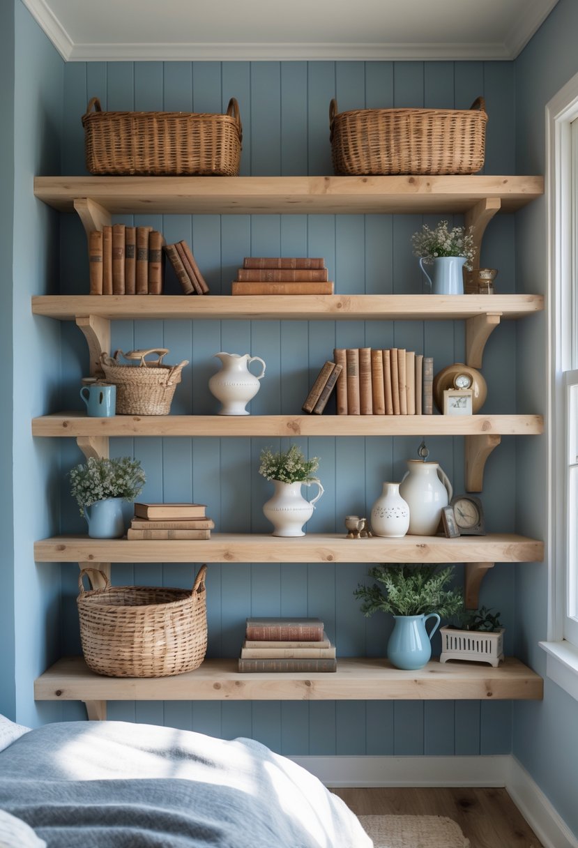 Open shelving filled with decorative items in a blue bedroom.