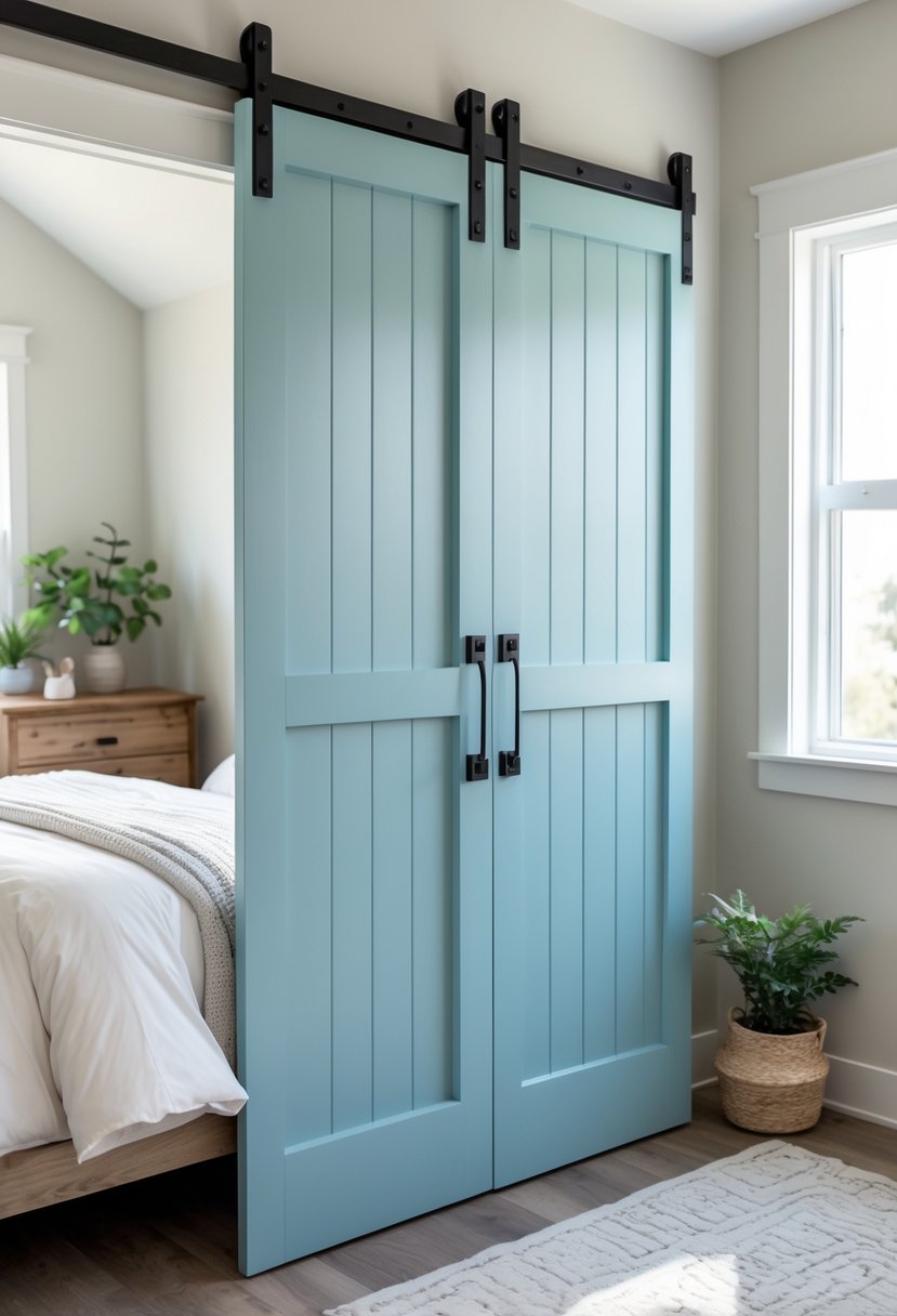 A bedroom with blue barn door closet panels, a bed, and rustic wooden furniture.