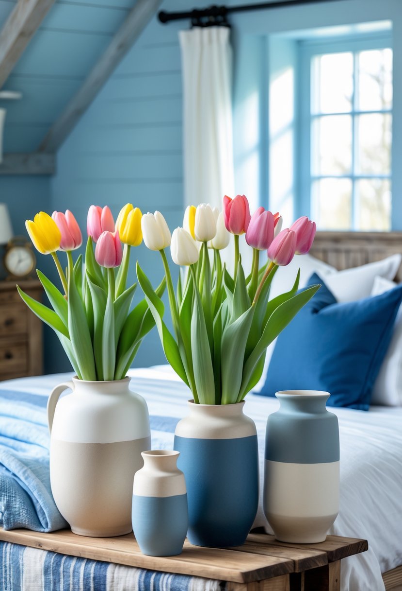 Fresh tulips in ceramic vases placed on furniture inside a blue farmhouse bedroom.